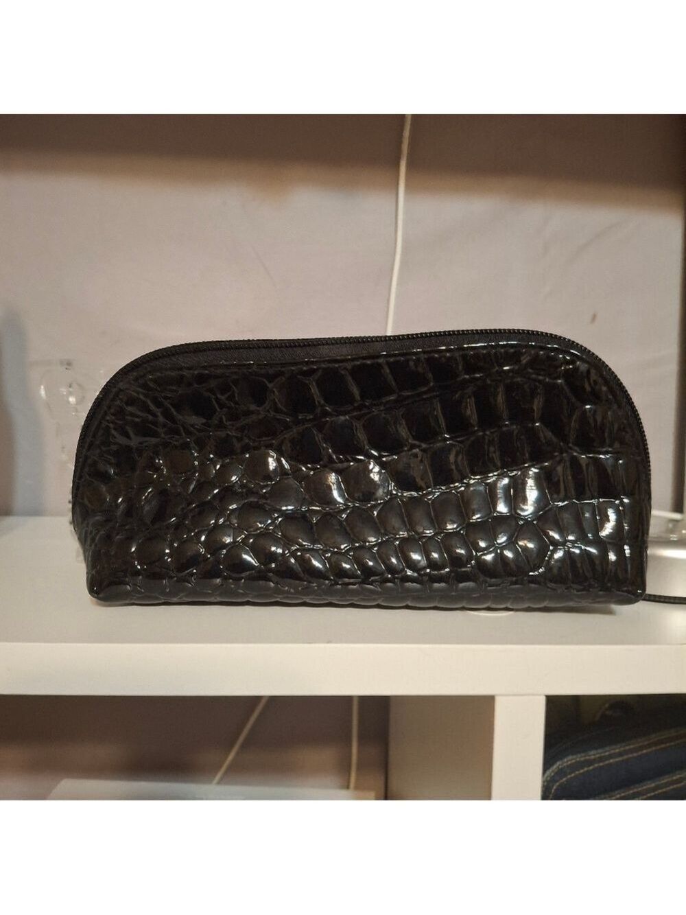 Modella Shiny Black Croc-Embossed Pouch Like New - Picture 3 of 5